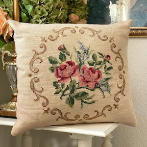 Romantic Rococo Square Beige Fabric Pillow with Red Pink Rose Bouquet and Zipper. Vintage Handmade Needlepoint Embroidery. Has Staining!