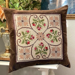 Bronze Brown Vintage Velvet and Wool Pillow with Handmade Embroidered Romantic Rococo Flower Motive. Needlepoint Cross Stitch Red Rose Buds