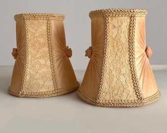 SET OF 2 Apricot Beige and Creamy Vanilla Gauze Fabric and Lace. Vintage French Boudoir PETITE Lamp Shades with Clip on. Have Tear Inside!