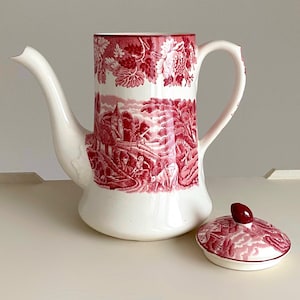 Tetera/cafetera con tapa Enoch Woods English Scenery Woods Ware de 1250 ml (42 oz). Tetera inglesa vintage de Wood & Sons England en rojo y blanco roto.