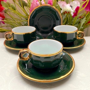 Price is for 1 Cup and 1 Saucer. Dark Green and White Porcelain Demitasse Pillivuyt France Vintage Cup and Saucer Set with Gold Trim