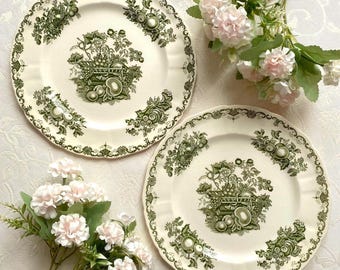 May include: Two cream-colored plates with a green fruit basket design in the center and a decorative border. The plates are surrounded by pink flowers, creating a vintage aesthetic.