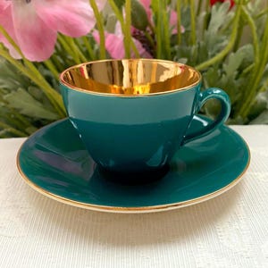 Lavish Gold Aluminia Confetti Denmark Demitasse 100 ml Tasse und Untertasse Set. Waldgrün Art Deco Vintage Mid Century Modern