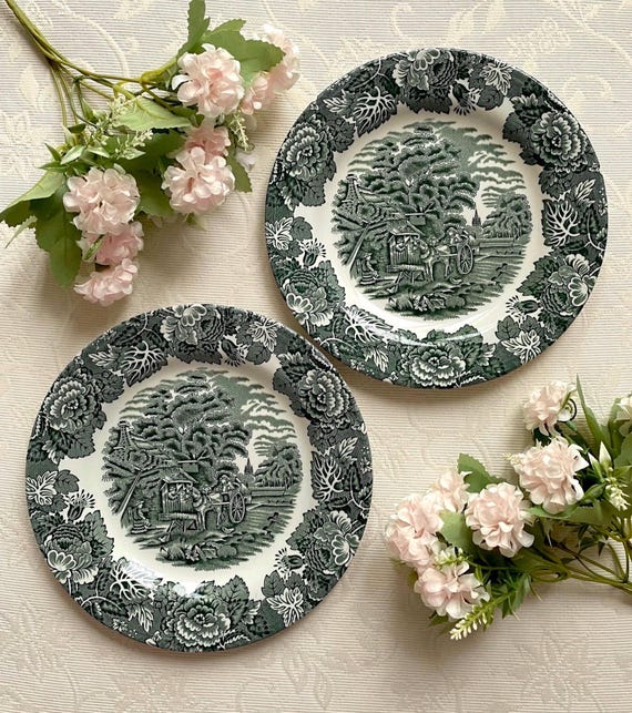 Price is for 1 Plate. Wood & Sons England Dark Green Grey Motive