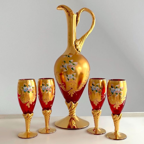SET OF 5 Ruby Red Gold Murano Liquor Glass. Hand Painted Pansy Flower. 4 Footed Cordial Glasses 75 ml (2.5 oz) and Decanter 600 ml (20.3 oz)