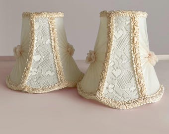 SET OF 2 Creamy Vanilla Champagne Pearl Off White Gauze Fabric with Lace. French Boudoir Rare PETITE Lamp Shades. Clip on. Mild Staining!