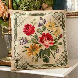 Vibrant Color Rose Bouquet Scandinavian Vintage Square Wool Pillow. Nordic Botanical Handmade Cross Stitch Needlepoint Embroidery
