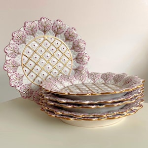 Price is for 1 Plate. Herend Hungary 18 cm Diameter Plate. Heirloom Quality 1940s. Checkered Pattern, Raspberry Pink, Scalloped Gold Trim