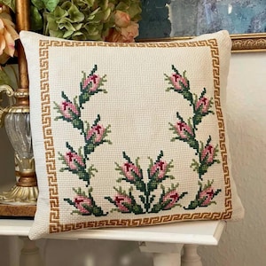Lovely Pastel Pink Rose Buds Handmade Cross Stitch Needlepoint Embroidery Romantic Square Vintage Cotton Pillow with Zipper. Off White Color