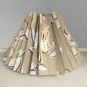 Lene Bjerre Botanical Abstract Taupe and Off White Pleated Lamp Shade with Clip on and Ribbon. Retro Nordic "Plisse" Scandinavian Style