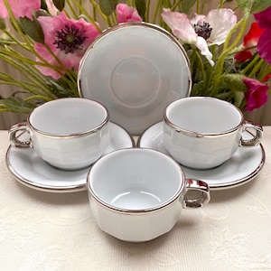 Price is for 1 Cup and 1 Saucer. Demitasse Pillivuyt France Vintage Cup and Saucer Set. French Bistro White Porcelain with Silver Trim
