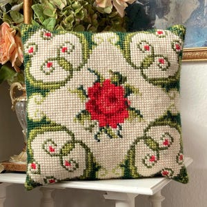 Handmade Needlepoint Embroidered Red Rose Botanical Design. Scandinavian Off White Square Wool Cotton Pillow. Vintage Nordic Functional Art