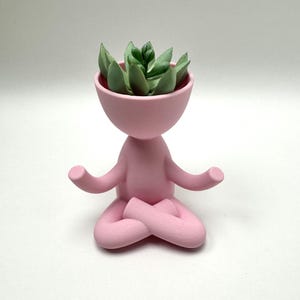 May include: A pink ceramic planter shaped like a person sitting in a yoga pose. The planter has a round head with a small opening for a plant. A small succulent plant is growing in the planter.