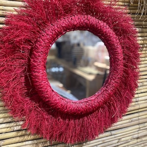 Moroccan Handmade Round Raffia Mirror — Raffia Circle Mirror with Fringes - Red Mirror - Boho Chic