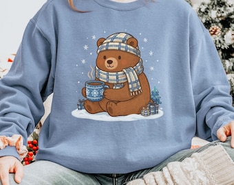 Comfort Colors Cozy Bear Shirt, Plaid Scarf Bear Tee, Winter Coffee Bear Aesthetic Shirt, Cute Cozy Animal Graphic, Soft Vintage Winter Tee