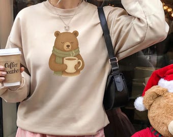 Cozy Bear With Mug Shirt, Winter Aesthetic Graphic Tee, Neutral Cozy T Shirt, Cute Woodland Bear Shirt, Soft Gildan Unisex Tee