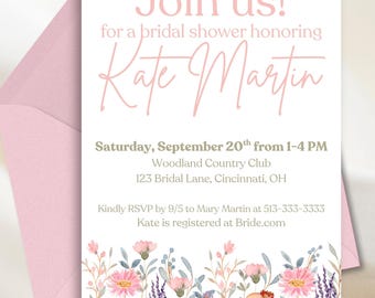 Boho Floral Bridal Shower Invitation Template, Wildflower Garden Party Invite, Rustic Fall Wedding Shower Digital Invitation
