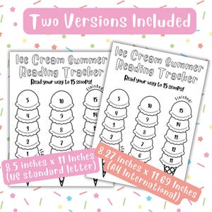 May include: Two black and white printable ice cream cone reading trackers. The tracker is designed to help children track their reading progress. The tracker has 15 scoops of ice cream, each representing a book read. The tracker is 8.5 inches by 11 inches and 8.27 inches by 11.69 inches.