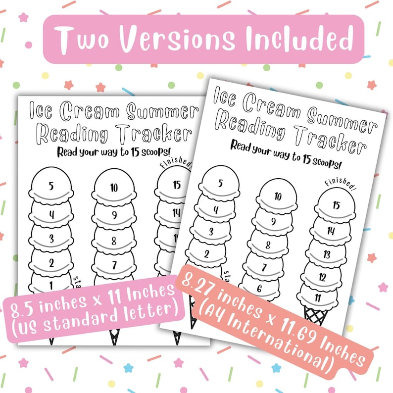 May include: Two black and white printable ice cream cone reading trackers. The tracker is designed to help children track their reading progress. The tracker has 15 scoops of ice cream, each representing a book read. The tracker is 8.5 inches by 11 inches and 8.27 inches by 11.69 inches.