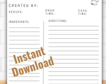 Recipe Page Printable, Blank Recipe Page Template, Cook Book Recipe Card, Recipe Planner, A4/A5/Letter