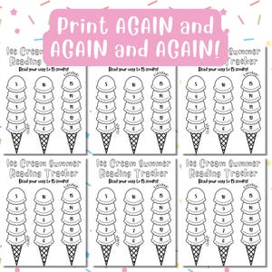 May include: Four printable ice cream cone reading trackers. Each tracker has 15 scoops, with numbers 1 through 15 on each scoop. The text "Read your way to 15 scoops!" is at the top of each tracker. The text "Ice Cream Summer Reading Tracker" is at the bottom of each tracker.