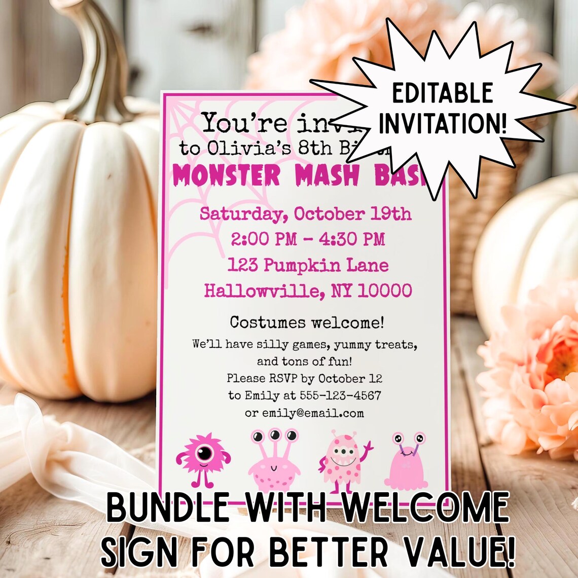 Editable Welcome Sign Girls Birthday Monster Mash Bash, Printable Kids ...