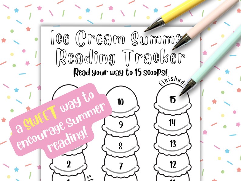 May include: A printable black and white ice cream cone reading tracker with the text "Ice Cream Summer Reading Tracker" and "Read your way to 15 scoops!"  A pink rectangle with the text "a SWEET way to encourage Summer reading!" is partially covering the image.