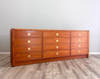 Vintage D-Scan Captain Line 12 Drawer Teak Dresser with Brass Pulls Danish Modern