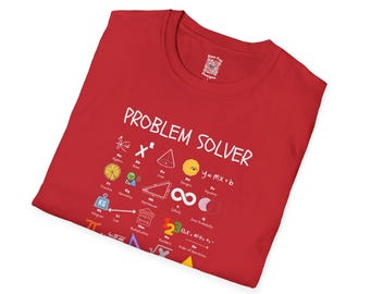 May include: A red t-shirt with the words "PROBLEM SOLVER" in white, along with various mathematical symbols and equations. The shirt features a crew neck and a small design near the neckline.