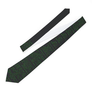 May include: A black tie featuring a green binary code design. The tie has a white lining and is made of a smooth material. The tie is displayed against a white backdrop.