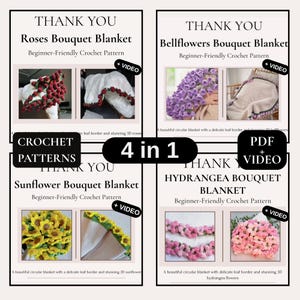 4-in-1 Blumen Decke Häkelanleitung Bundle- Glockenblumen, Rosen, Sonnenblumen Strauß PDF + Video - anfängerfreundlicher digitaler Download