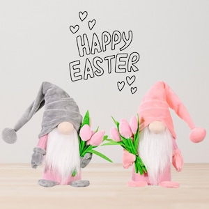 Può includere: Due gnomi che tengono tulipani rosa. Gli gnomi indossano cappelli rosa e grigi e hanno barbe bianche. Il testo "Happy Easter" è scritto sopra gli gnomi.