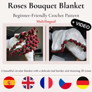 Rosen Blumenstrauß Decke PDF Pattern | 3D Blumen werfen mit Video Tutorial | 5 Sprachen | Digitaler Download | Viral Tik Tok Runde Babydecke