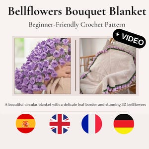 Glockenblumen Blumenstrauß Decke PDF Pattern | Viral Tik Tok 3D Blumenüberwurf mit Video | Runde Häkeldecke | Digitaler Download
