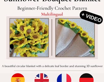 Sonnenblumenstrauß-Decke Häkelanleitung: Anfängerfreundlich, mehrsprachig (PDF + Video)
