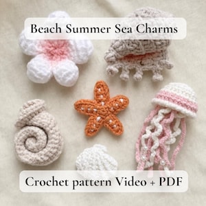 Puede incluir: Beach Summer Sea Charms Crochet pattern Video + PDF. Una colección de objetos de ganchillo que incluye una flor blanca y rosa, una concha beige, una estrella de mar naranja con costuras blancas, una concha blanca pequeña y una medusa rosa y blanca.