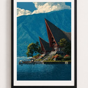 Sumatra Indonesia Travel Poster | Indonesian Landscape Artwork | Lake Toba Art | Batik Print