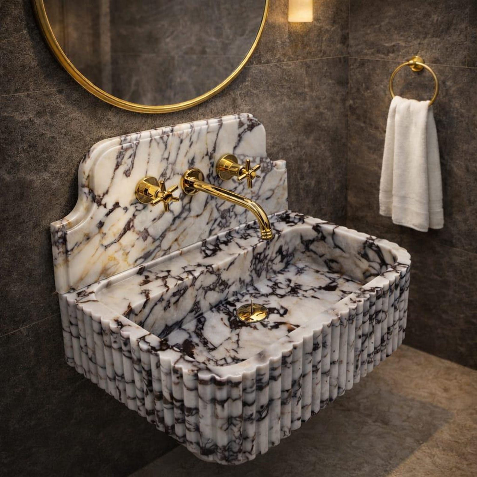 Calacatta Viola Marble Sink: Ribbed, Hand Carved, Wall Mount - Etsy