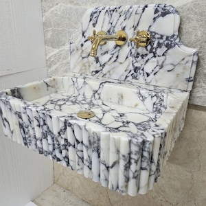 Hand Carved Calacatta Viola Marble Sink: Wall Mounted Vanity
