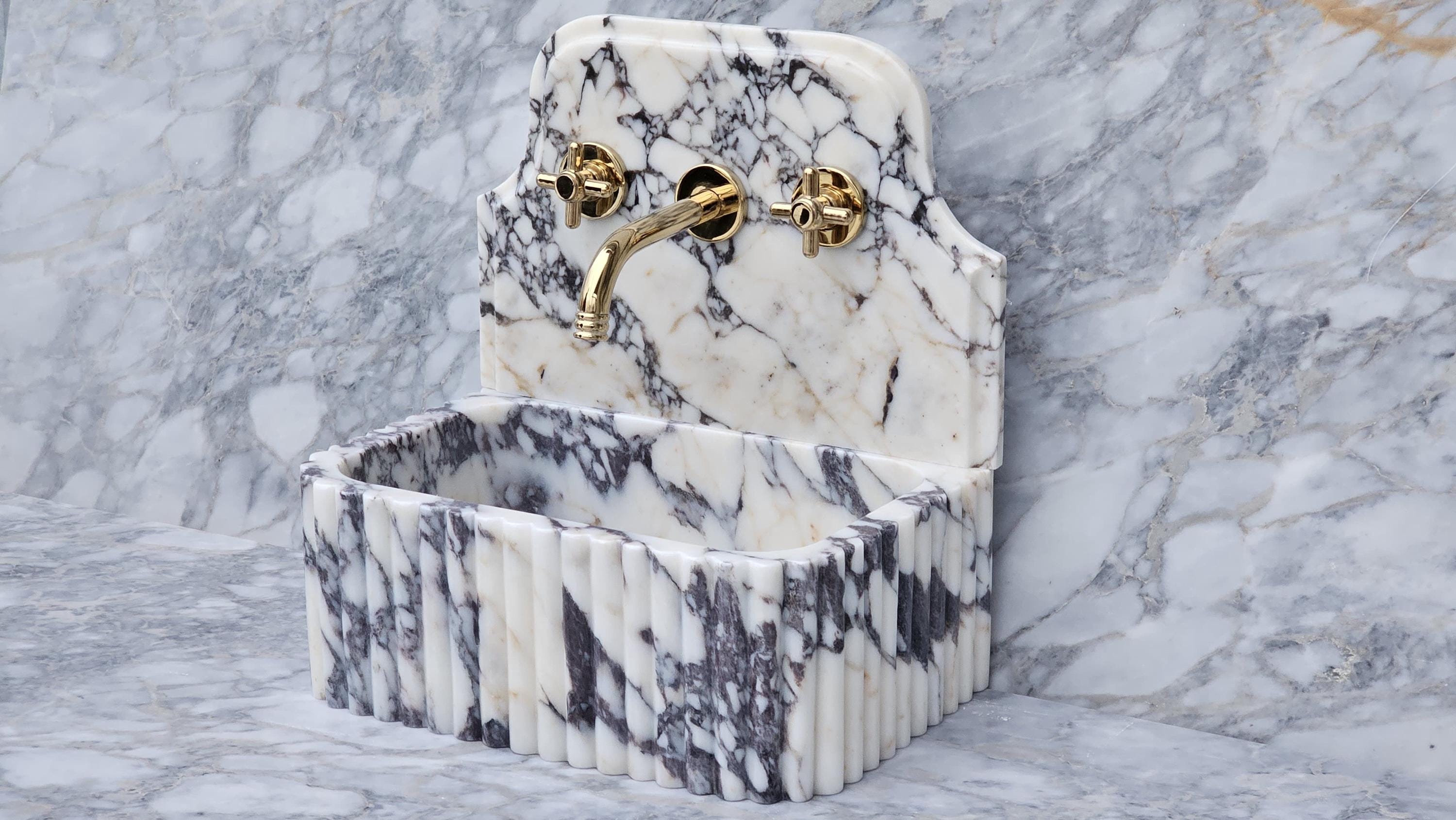 Calacatta Viola Marble Sink: Ribbed Wall Mount Bathroom Basin - Etsy