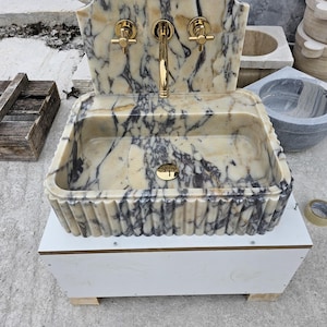 Calacatta Viola Marble Sink: Ribbed Sides, Wall Mount Vanity