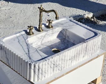 Hand Carved Lilac Marble Bathroom Sink: Grooved Front, Round Corner