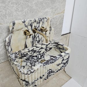 Hand Carved Calacatta Viola Marble Sink: Ribbed Bathroom Vanity