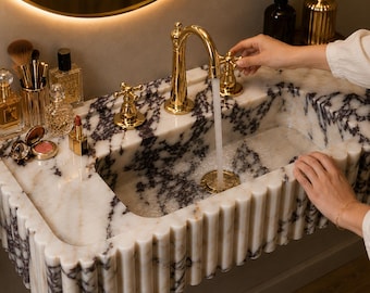 Calacatta Viola Marmor Waschbecken - Geriffelte Wand Montiert Waschtisch, Luxus Italienisches Stein Badezimmer Waschbecken, Lila Gemaserter Marmor