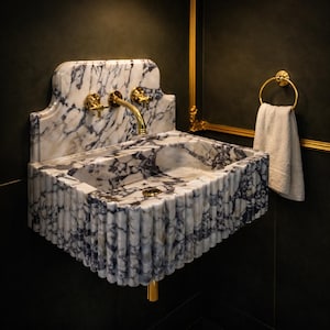 Calacatta Viola Marble Sink: Ribbed Wall Mount Bathroom Basin
