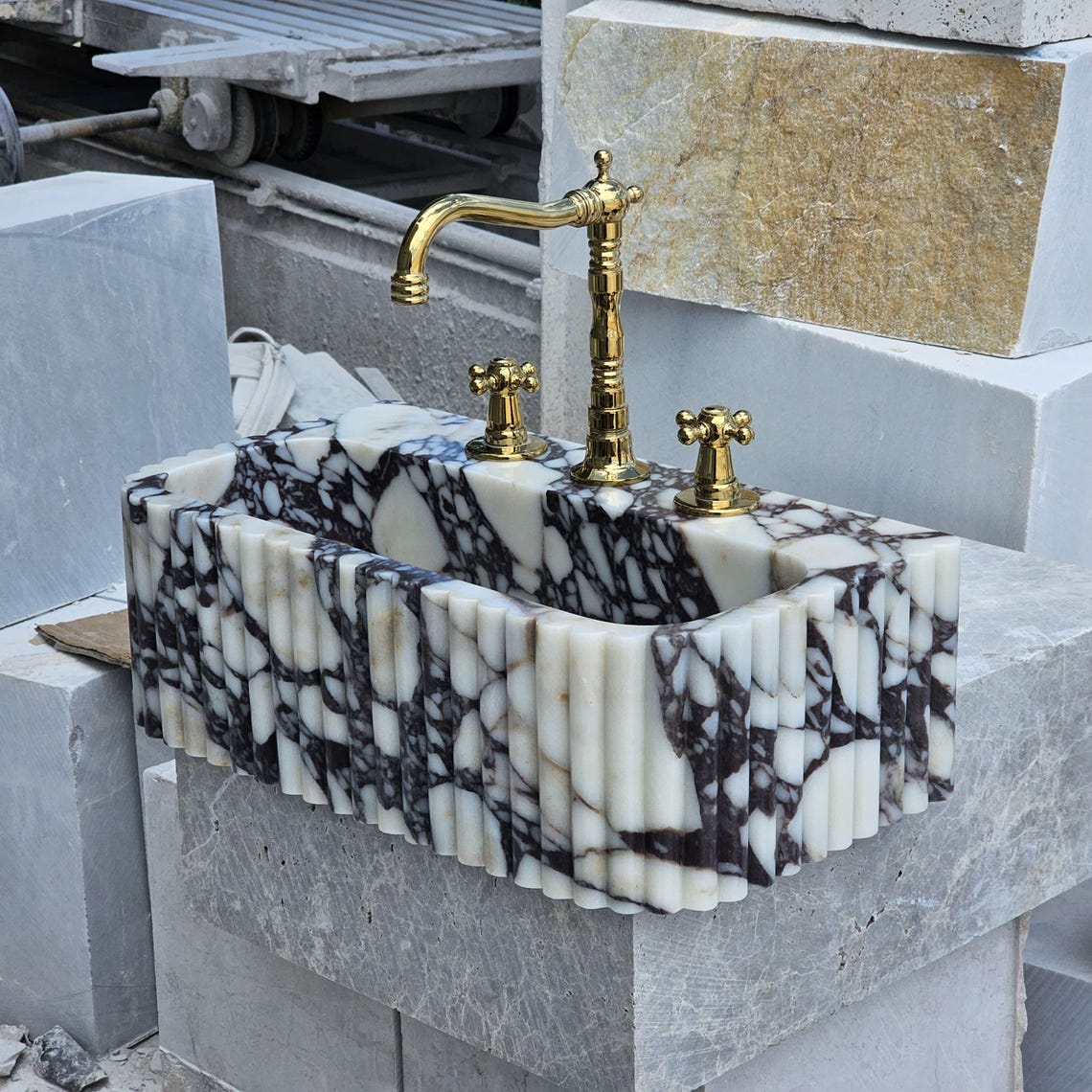 Calacatta Viola Marble Sink: Ribbed Sides, Hand Carved, Wall Mount - Etsy