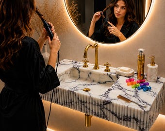 Marmeren wastafel Calacatta, altviool, geribbelde zijkanten, luxe Italiaanse steen