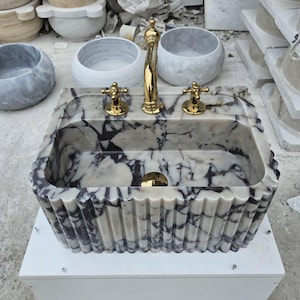 Handcarved Calacatta Viola Marble Sink, Ribbed Bathroom Vanity