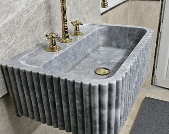 Handcrafted Calacatta Viola Marble Sink, Grey Luxury Bathroom Sink, Wall Mount