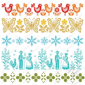 May include: A digital graphic design featuring four horizontal rows of patterns. The top row shows alternating red and orange birds and flowers. The second row displays yellow butterflies and flowers. The third row contains light blue snowflakes. The bottom row shows light blue figures of people with pitchforks, corn stalks, and roosters, followed by a final row of olive green flowers and dots.